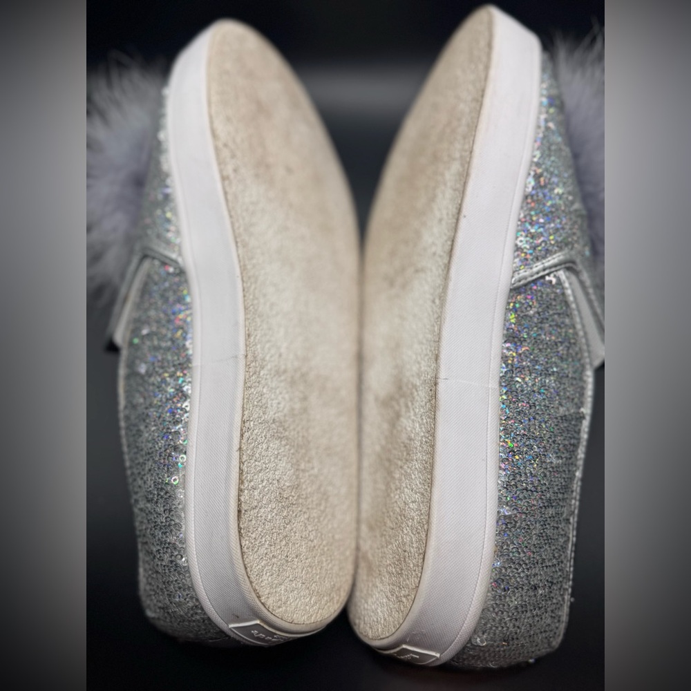 Kate Spade New York Glitter Slip-On Sneakers with Pom Poms –Silver Sparkle SZ8 - Picture 4 of 6